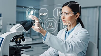 A scientist operating a microscope with digital interface for the concept of scientific research.