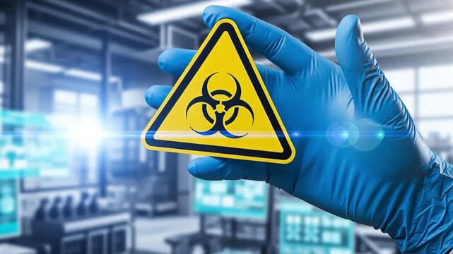 Biohazard sign held in a gloved hand, symbolizing safety, warning and danger in the research field.