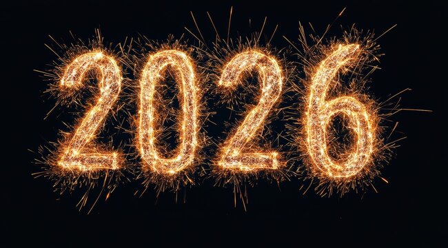 Sparkler spelling the number 2026, glowing with bright sparks on a black background and ample copy space