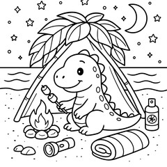 Obraz premium Dino's Camping Adventure: A friendly cartoon dinosaur enjoys a camping experience. Roasting marshmallows over a campfire under the stars, creating a whimsical scene of fun and exploration.
