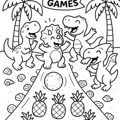 Fototapeta premium Dinosaur Games: A whimsical illustration showcases adorable dinosaurs engaged in playful games, evoking a sense of childhood wonder and amusement.