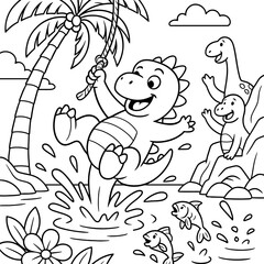 Fototapeta premium Dinosaur's Joyful Swing: A friendly dinosaur swings playfully into the water from a rope, creating a splash, while his dinosaur friends watch in delight.
