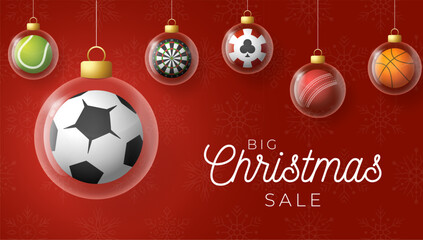 Big Christmas Sale Vector illustration with Festive Sports Balls and Game Ornaments.