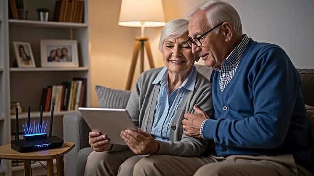 A senior couple using a tablet in a cozy home for the concept of technology and retirement.