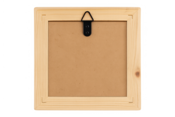 Wooden picture frame back with cardboard backing and hanging hook isolated on a transparent background