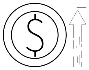 Economic growth, finance, investment, business success, profit increase, wealth creation. Dollar sign within a circle and upward arrow. Economic growth and financial progress visualization
