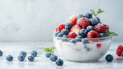 Close-up of a bowl filled with fresh blueberries, raspberries, and strawberries, dusted with powdered sugar, set on a marble surface.