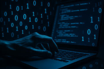 Cybersecurity and programming concept showing binary codes on laptop with professional hand illustrating digital coding process