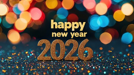 Happy New Year 2026 message with golden glitter text on a sparkling background, celebrating holidays with colorful bokeh lights