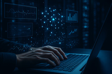 Data scientist working on laptop with neural network visualization artificial intelligence and futuristic big data analytics interface