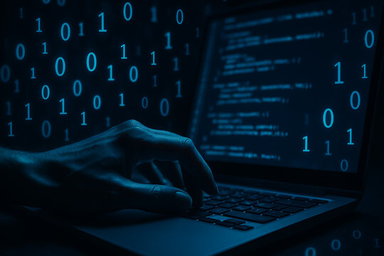 Cybersecurity and programming concept showing binary codes on laptop with professional hand illustrating digital coding process