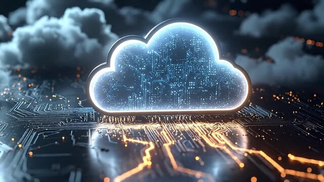 Abstract representation of a glowing cloud computing icon hovering over a digital circuit board with illuminated pathways
