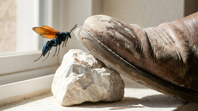 Side-lit close view of a tarantula hawk wasp approaching a raised boot