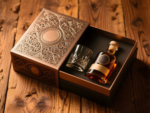 Two whiskey glasses on black gift box with golden ribbon in minimalist luxury setting