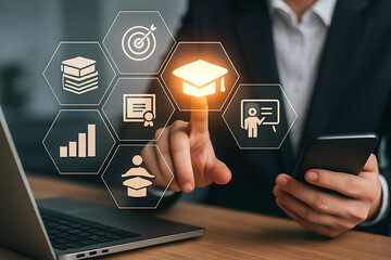 Digital education innovation with businessman using futuristic holographic interface showing graduation cap learning training and achievement