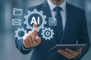 Digital innovation with businessman using touchscreen interface to implement artificial intelligence solutions and advanced machine learning