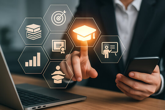 Digital education innovation with businessman using futuristic holographic interface showing graduation cap learning training and achievement