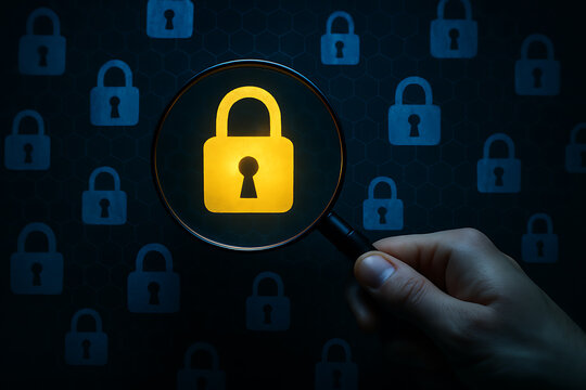 Digital lock icon under magnifying glass symbolizing cyber security data protection privacy safety monitoring and secure information access