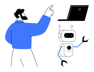 Artificial intelligence, human-robot collaboration, innovation, education, technology training, futuristic communication. A man gestures toward a robot and laptop. AI and collaboration concepts