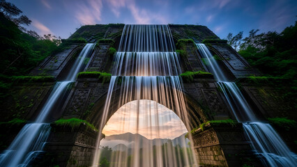 Ancient Stone Temple Waterfall with Sunset Archway.
