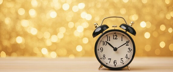 Classic alarm clock displaying time against a shimmering golden background with copy space, symbolizing deadlines, festivities, and countdowns