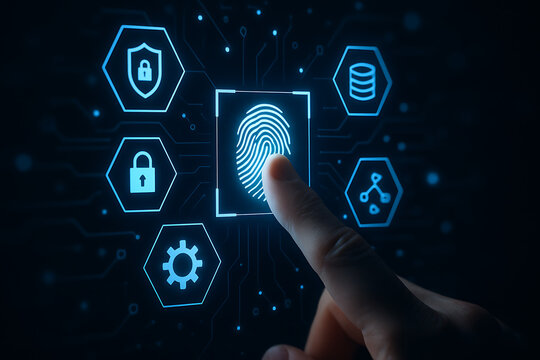 Finger touching glowing fingerprint scanner on futuristic digital interface representing cybersecurity identity protection and secure access control