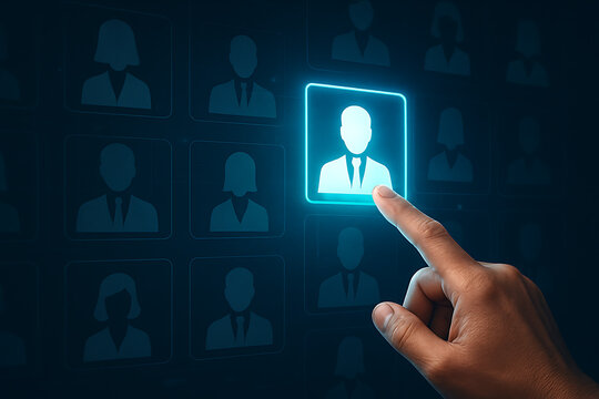 Finger selecting digital user profile icon on virtual interface representing online recruitment and personnel management