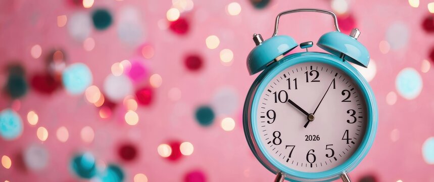 Teal alarm clock with 2026 on its face against a pink background with bokeh confetti, symbolizing new beginnings