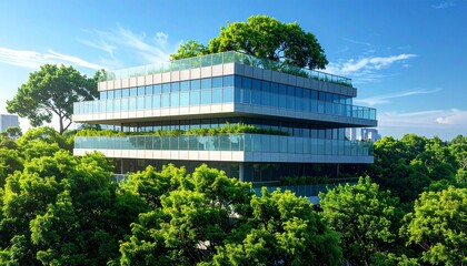 Modern architecture blends seamlessly with nature, creating an eco-friendly office space promoting sustainability and a vibrant workspace experience.