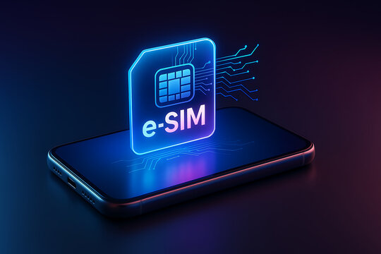 Glowing futuristic holographic eSIM card emerging from smartphone representing mobile technology connectivity digital innovation and network communication