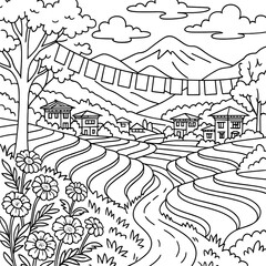 Fototapeta premium Rural Terrace Scene: A pen-and-ink portrayal of a serene rural landscape, showcasing terraced fields cascading down hills, quaint houses nestled amidst lush greenery.
