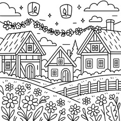 Fototapeta premium Quaint Village Coloring Page: An idyllic village scene with charming houses, blooming flowers, and floating lanterns, rendered in a simple, inviting line art style.