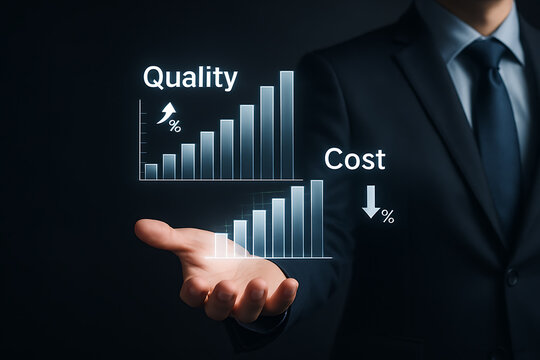 Modern corporate solution showing business graphs highlighting increasing quality and reduced cost for success growth and productivity