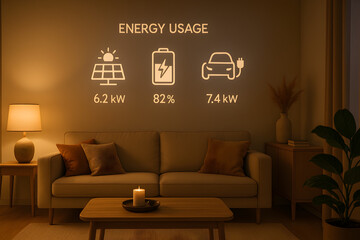 Cozy smart home living room showing illuminated energy usage dashboard for solar power, battery storage level and electric vehicle charging consumption
