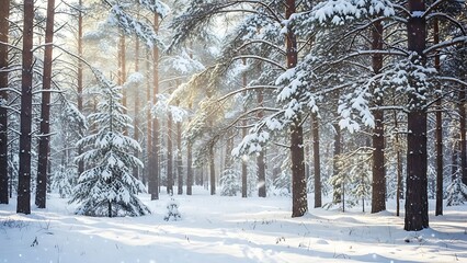 Snowy forest scene with sunlight filtering through the trees.