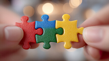 Four primary-colored puzzle pieces joined between fingers symbolize cooperation, unity, and coordinated work. Generated with AI