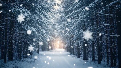 Snowy forest path with light at the end, winter wonderland scene.
