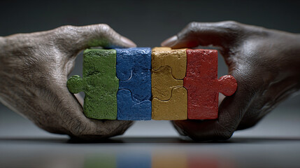 Two hands hold connected metallic puzzle pieces with rough texture against a dark and neutral background. Generated with AI