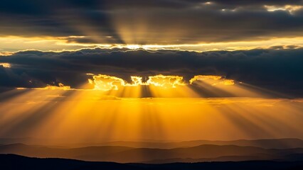 Sun rays piercing through clouds, creating a dramatic and ethereal atmosphere.