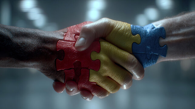 Handshake with painted puzzle pieces symbolizes inclusion, alliance, and universal mutual respect. Generated with AI