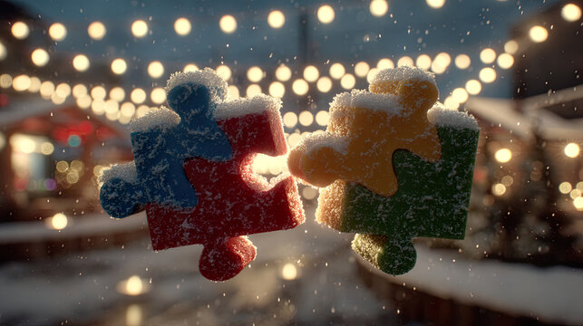 Snow-covered puzzle pieces floating in festive air with warm background lights. Generated with AI