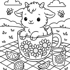 Playful Kid Goat's Tea Party: An adorable illustration of a kid goat having a tea party, lounging in a teacup and surrounded by lemons, juice, and buzzing bees. 