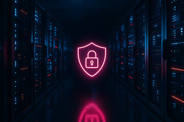 Secure network infrastructure with neon padlock and shield hologram in modern server room ensuring safe cloud storage and cyber defense
