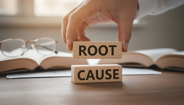 A person's hand stacks wooden blocks spelling out 'Root Cause' on a desk, symbolizing problem-solving and analysis.