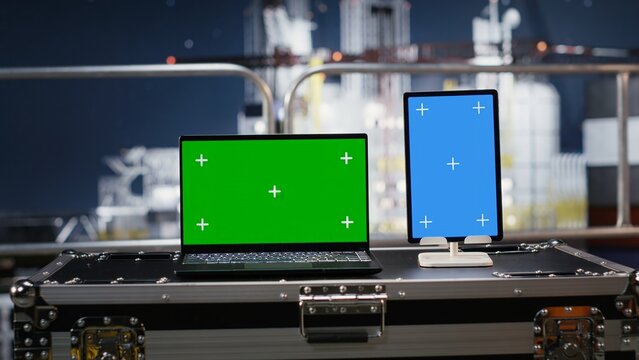 Green screen and blue screen on laptop and tablet on offshore oil rig, visualizing predictive maintenance data and optimizing asset management for fuel and petroleum production efficiency.