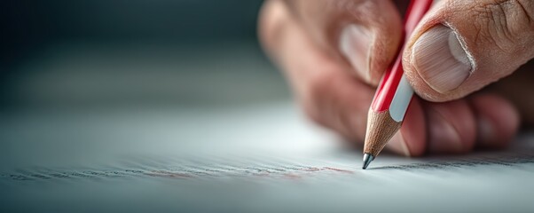 Student carefully notes on paper, Closeup of writing hand with pencil, Specialized educational setting depicting focused student annotating notes with sharpened lead