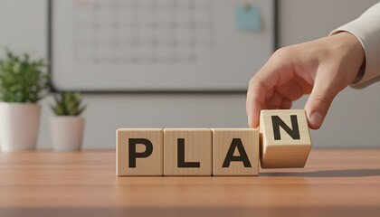 A hand placing the letter N to complete the word PLAN on wooden blocks on a desk, symbolizing strategic planning.