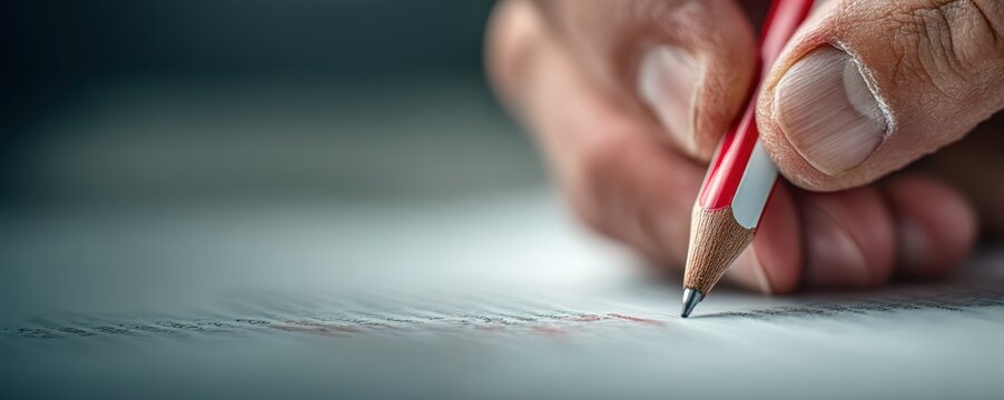 Student carefully notes on paper, Closeup of writing hand with pencil, Specialized educational setting depicting focused student annotating notes with sharpened lead