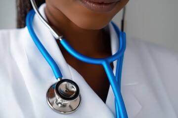 Doctor with calming presence, Healthcare provider in white coat, Medical expert smiling under gentle lighting, Clinician wearing blue stethoscope radiates confidence and care