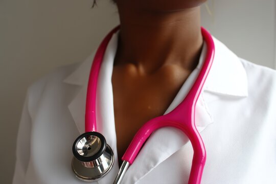 Closeup chest shot with pink stethoscope and white coat; rich textures, assertive posture hinting at experienced clinician ready for examination in urban clinic